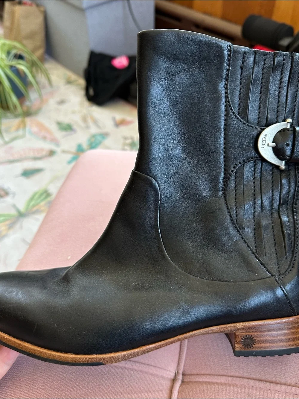 UGG Finnegan Black Leather Ankle Boot with Decorative Buckle